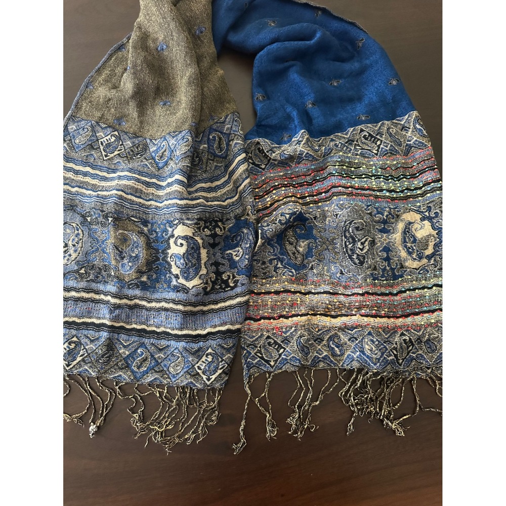 Blue & Olive Reversible Paisley Pashmina Shawl Fringe Wrap Scarf Bohemian - Picture 6 of 8